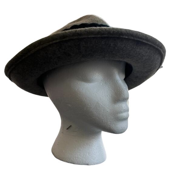 German Alpine Hiking Hat 100% Wool Gray Navy Blue Ribbon 57 cm - Picture 8 of 9